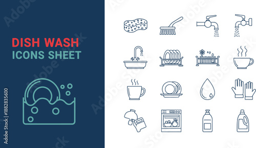 Black outline icon sheet of dishwashing and kitchen cleaning tasks
