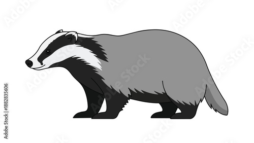 Vivid flat design depiction of a sturdy European badger in profile view, showcasing its iconic black and white facial stripes and compact build for