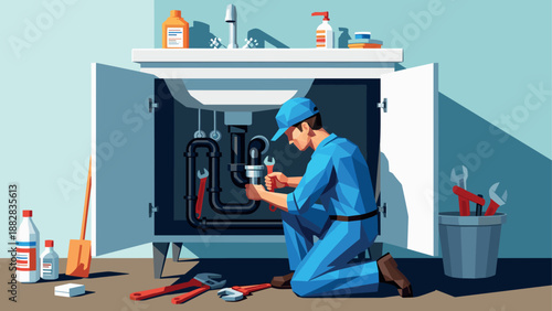 Plumber repairing sink pipes in modern geometric art style