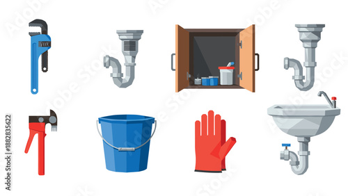 Plumbing tools and equipment collection with sink and piping elements