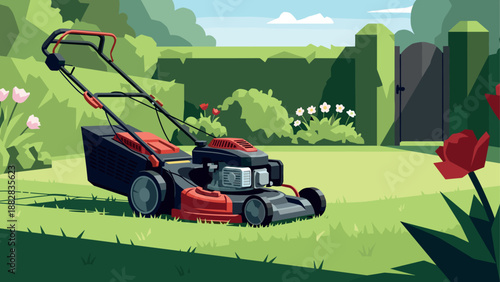 Lawn mower in a lush garden setting with flowers and shrubs on a sunny day