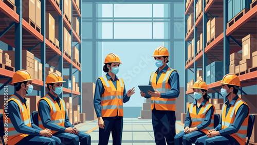 Warehouse team in safety gear discussing logistics in industrial setting