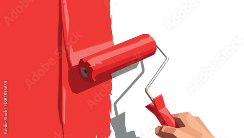Painting in flat design: hand using red paint roller for home improvement