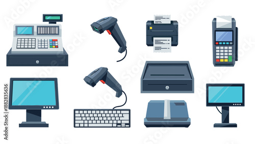 Modern retail equipment icons set featuring cash register, barcode scanner, pos terminal