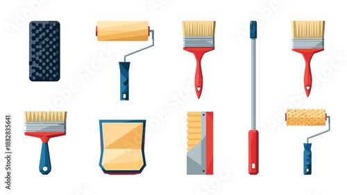 Assorted painting tools collection: brushes, rollers, and more for home improvement