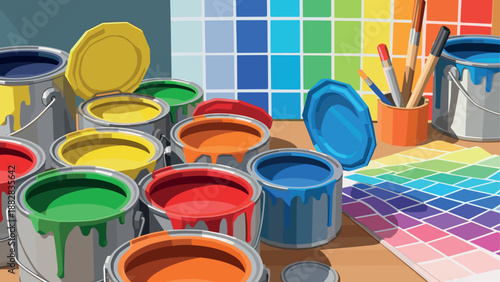 Colorful paint cans and brushes with vibrant swatches in art studio