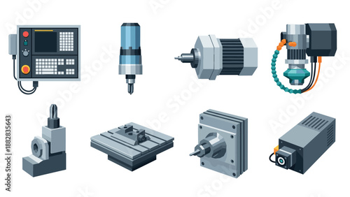 Industrial machine parts in isometric design for modern manufacturing