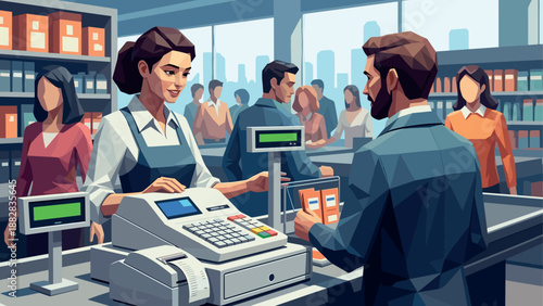 Shopping experience at modern supermarket with cashier and customers in geometric style