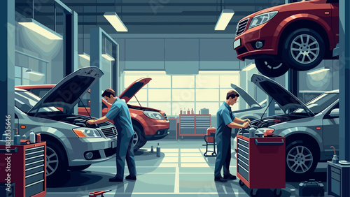 Auto repair garage with mechanics working on multiple vehicles in a modern workshop