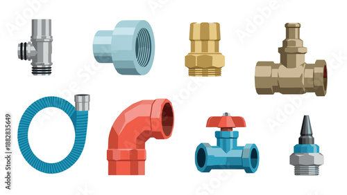 Colorful plumbing fixtures collection in isometric design