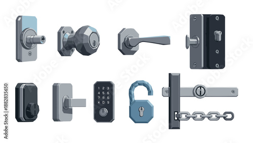 Diverse door lock designs in isometric style with modern security features