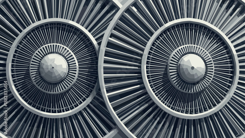 Detailed industrial design of two jet engine turbines in monochrome with geometric patterns
