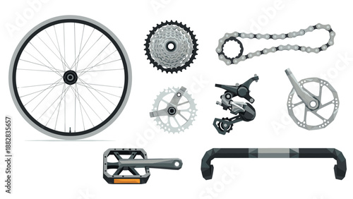 Bicycle components set with gear, chain, and pedal in detailed flat design