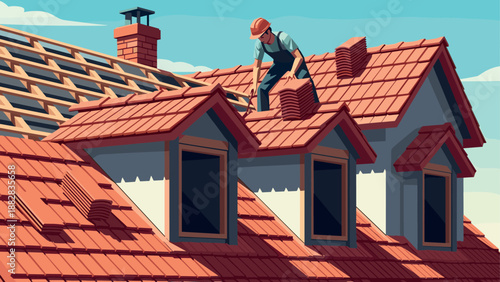 Roofer working on house roof installation in modern flat design
