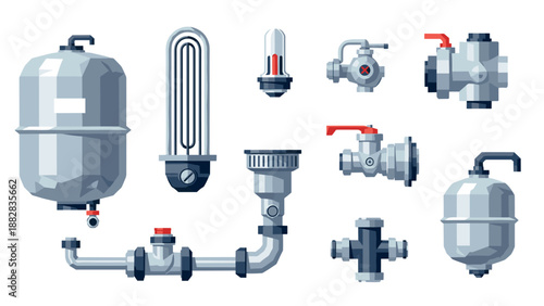 Isometric plumbing equipment set featuring pipes and valves in modern design
