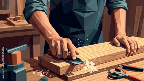 Precision carpentry: artisan sanding wood in workshop scene