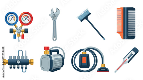 Collection of hvac and plumbing tools in modern flat style