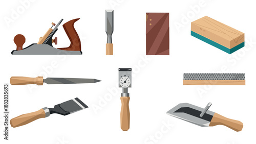 Woodworking tools set: hand plane, chisel, mallet, file in flat design for diy enthusiasts