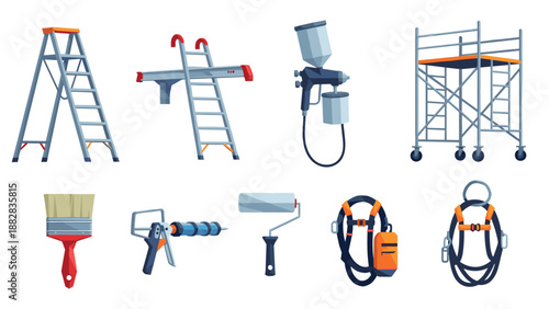 Construction equipment set featuring ladders, painter tools, and safety gear in flat design