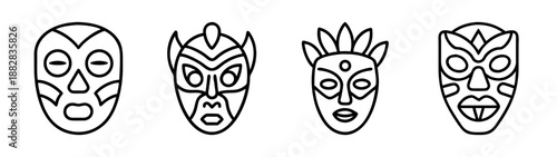 Diverse cultural, tribal, and wrestling mask line art designs
