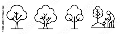 Tree planting and nature line art icons set for environmental design