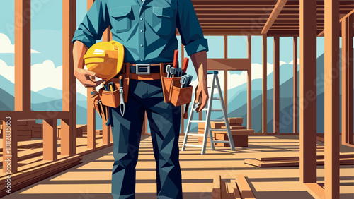 Construction worker in blue outfit holding yellow helmet at building site