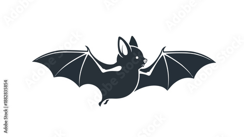 A stylized dark silhouette of a flying bat with spread wings, gracefully depicted against a pristine white background, conveying an essence of