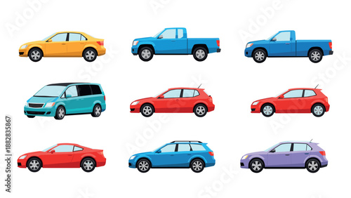 Diverse set of cars in flat design style featuring various models and colors