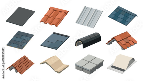 Isometric roof design elements collection: diverse tiles and shingles