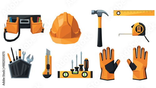 Construction tools collection with helmet, hammer, and gloves in modern flat design