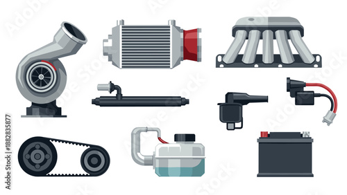 Automotive parts icons set featuring turbocharger, intercooler, and more in flat style