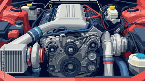 Detailed cutaway of a modern car engine in isometric style