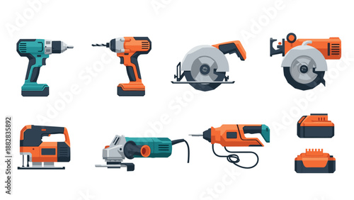 Power tools collection: modern flat style electric drills and saws