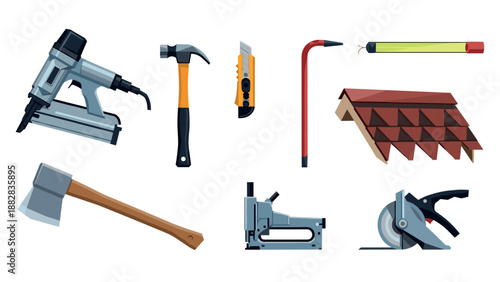 Essential construction tools collection featuring hammer, saw, and nail gun for carpentry and home repair projects