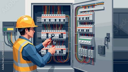 Electrician working on circuit breaker panel in a modern industrial setting