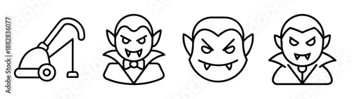 Cleaning appliance and spooky vampire character outline icon set