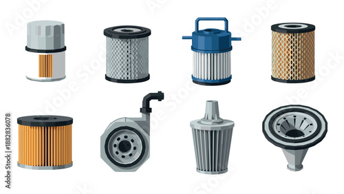 Isometric automotive filters collection featuring diverse designs and styles