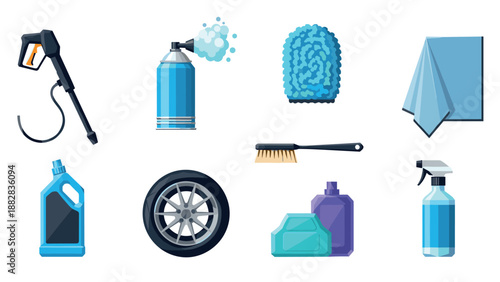 Car cleaning equipment collection: tools and supplies for vehicle maintenance