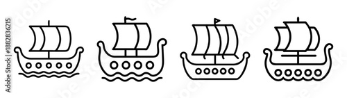 Viking ship icon set with classic ancient sailing vessel symbols