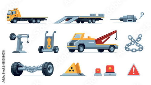 Assorted tow truck equipment icons set with chains and warning signs