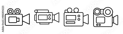 Simple outline video camera icon set, four distinct styles vector.