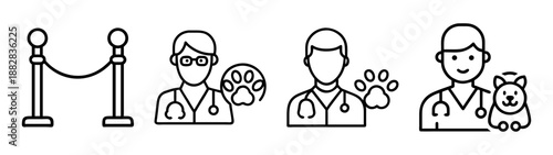 Veterinary care, pet health, and event barrier outline icons