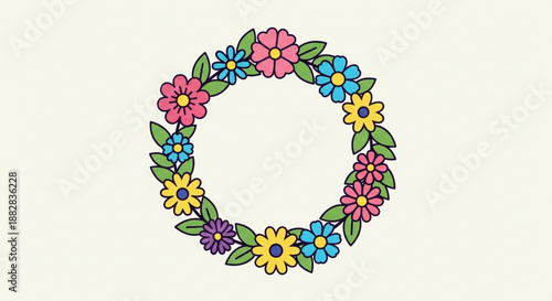 Vibrant floral wreath with pink yellow blue flowers and green leaves on cream background symbolizing spring and nature