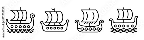 Viking longship icons set, ancient nordic vessel outlines