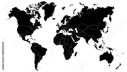 High contrast black world map silhouette illustration, suitable for global business, travel, education, and international concepts.