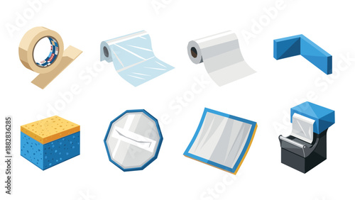 Cleaning supplies icons: tapes, papers, and sponges in isometric style