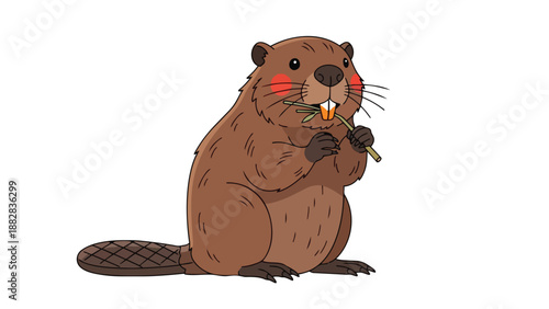 A charming cartoon beaver, brown-furred with rosy cheeks and prominent teeth, patiently gnawing green twig, isolated on clean white background