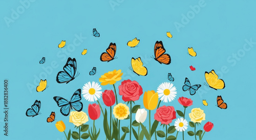 Colorful butterflies and flowers blooming in spring with vibrant petals flying around on a blue background