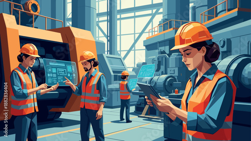 Industrial workers in modern factory with technology and machines