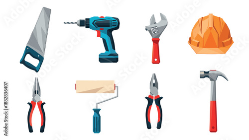 Hand tools collection: drill, wrench, helmet, and more in flat design